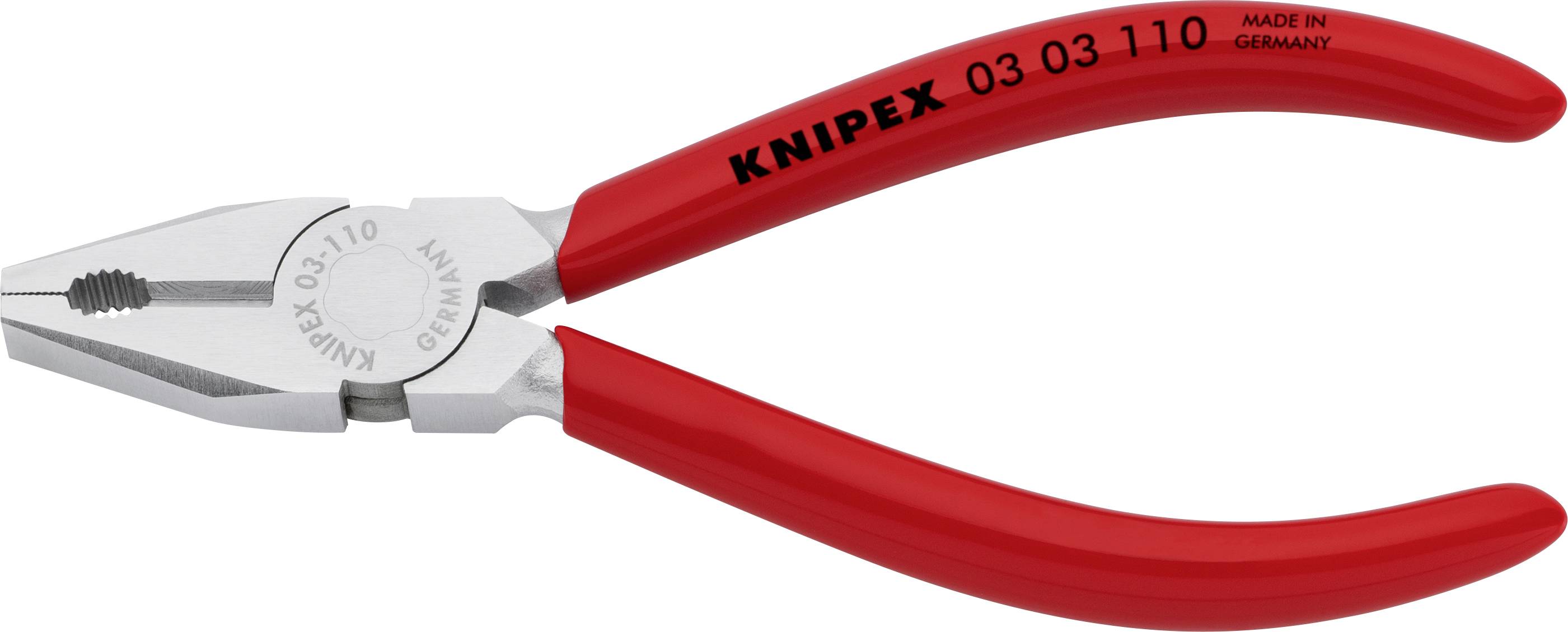 Rdeče kombinirane klešče z napisom 'Knipex 03 03 110 Made in Germany'.
