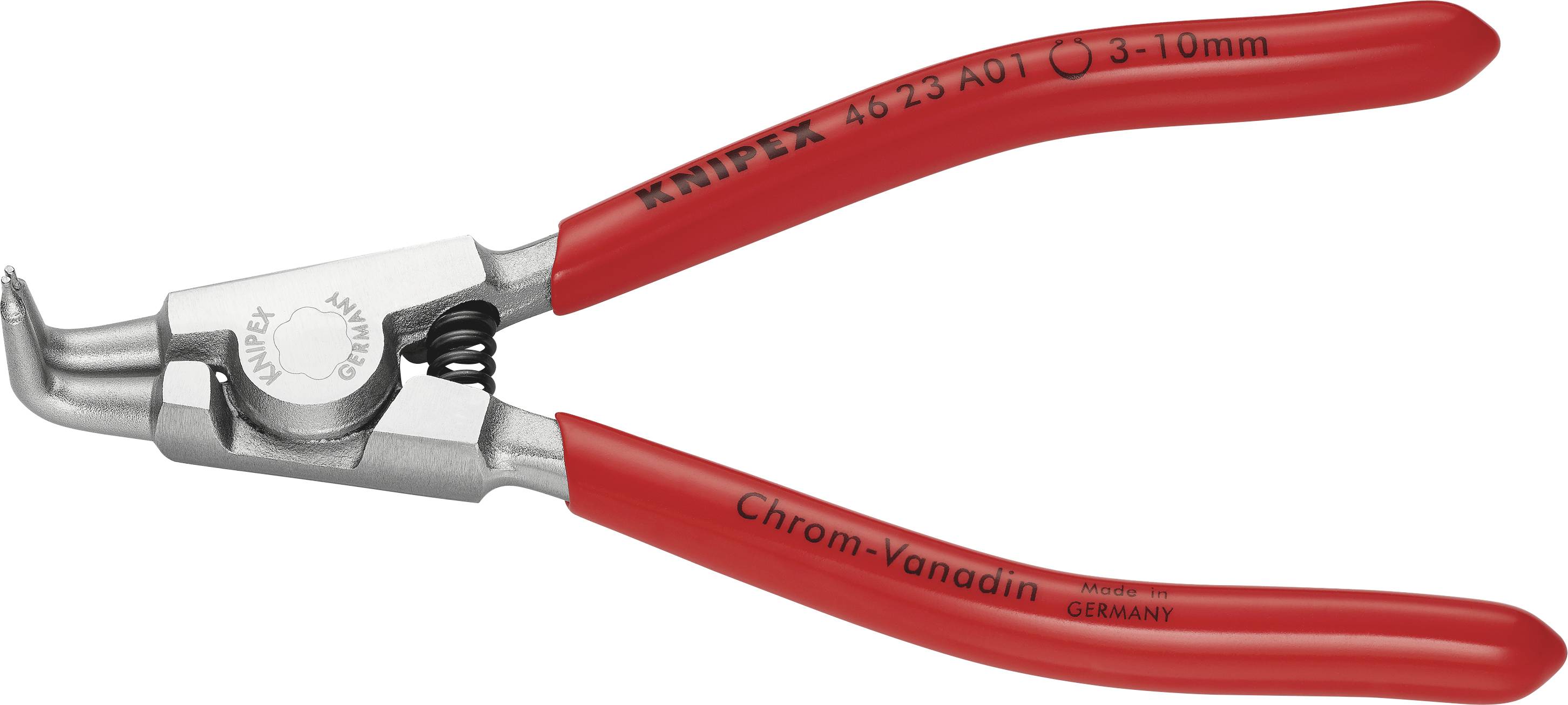 Koničaste klešče z rdečimi ročaji in ukrivljenimi konicami, primerne za dela na težko dostopnih mestih. Označene z 'Knipex Chrom-Vanadin'.
