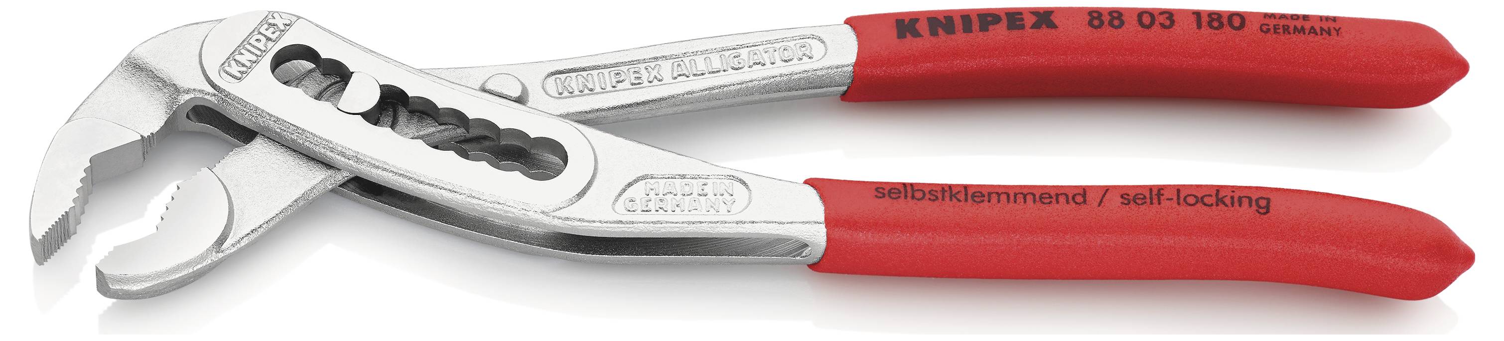 Dve rdeči KNIPEX kleščasti klešči za vodo, samosponastni, z nazobčanim čeljustim za prijemanje cevi ali matic.