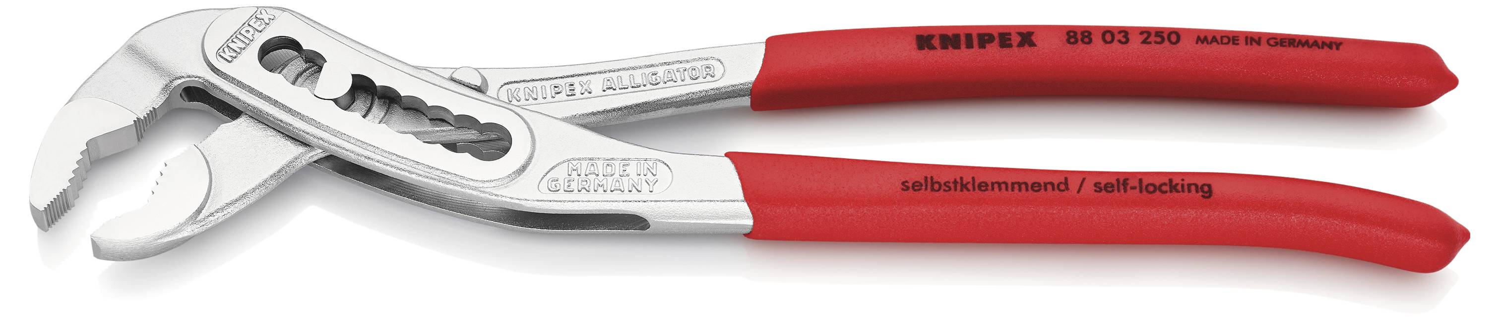 Rdeče vodne klešče za cevi z nastavljivo čeljustjo znamke Knipex, model 86 03 250. Zasnovane za trdno prijemanje z avtomatsko zaklepno funkcijo.