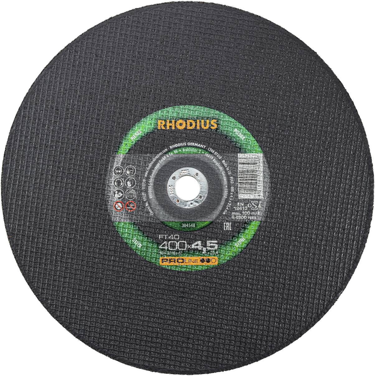 Brusilni disk z napisom 'Rhodius' v sredini, obkrožen z zelenim obročem. Primeren je za industrijske aplikacije.