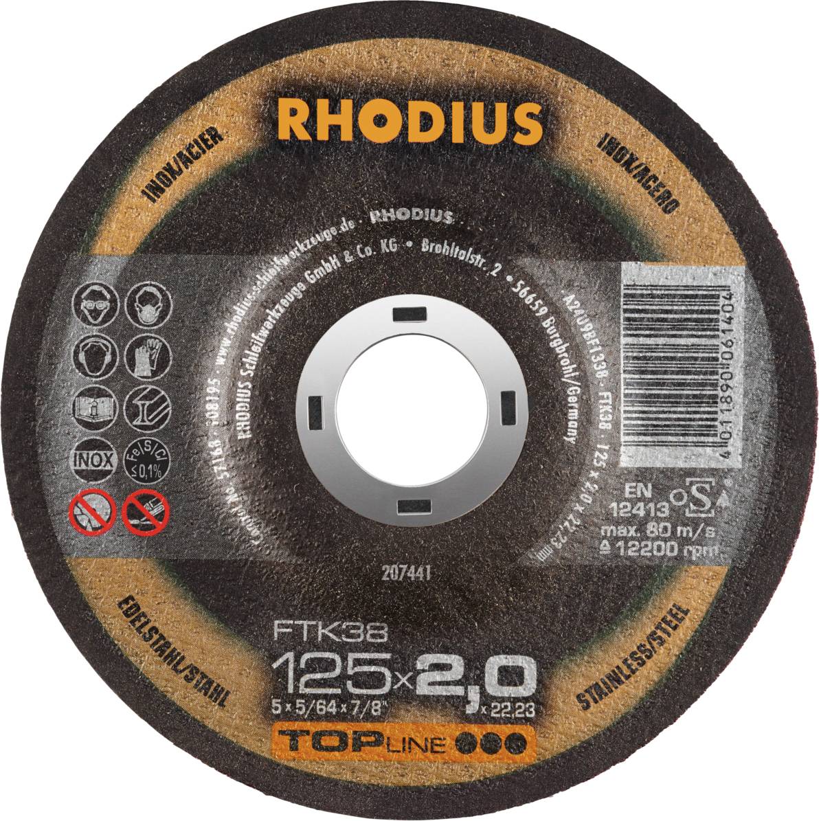 Brusilna plošča Rhodius, premer 125 mm, debelina 2,0 mm, primerna za nerjavno jeklo.