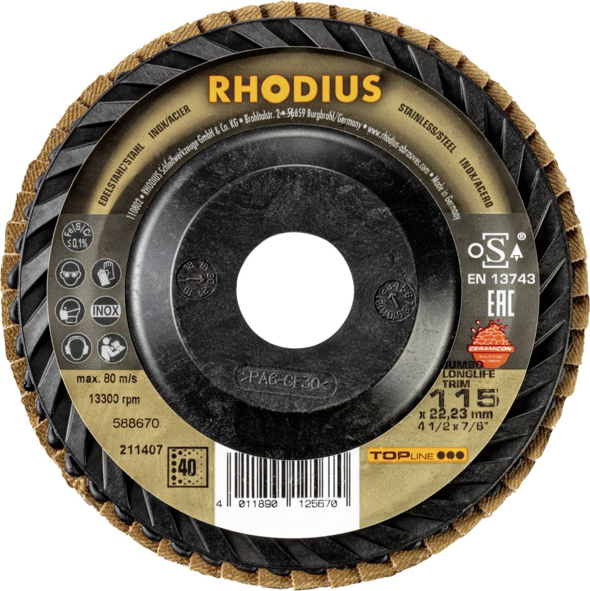 'RHODIUS' brusilni disk, primeren za nerjavno jeklo in inox, maks. 80 m/s, 13300 obr/min, premer 115 mm, luknja 22,23 mm.