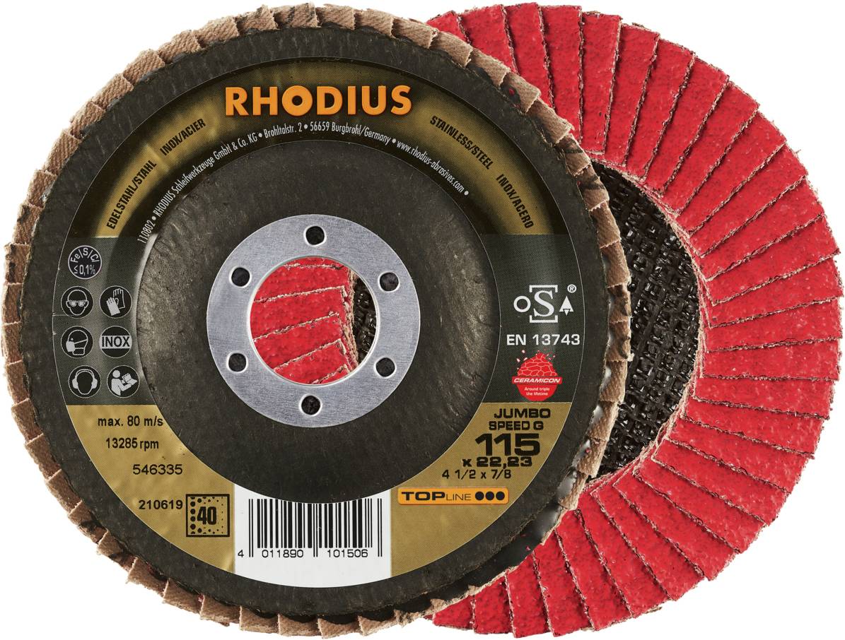 'RHODIUS brusilni disk', prikazuje dva brusilna diska z rdečim brusilnim nanosom. Besedilo: max. 80 m/s, 13300 obr/min, Ø 115 mm, za kovino.