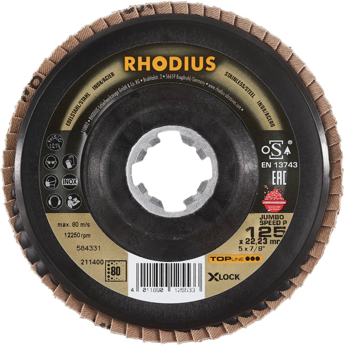 Brusilna plošča z blagovne znamke 'RHODIUS', premer 125 mm. Primerna za nerjavno jeklo, jeklo in INOX. Maks. 80 m/s, 12250 obratov/min.