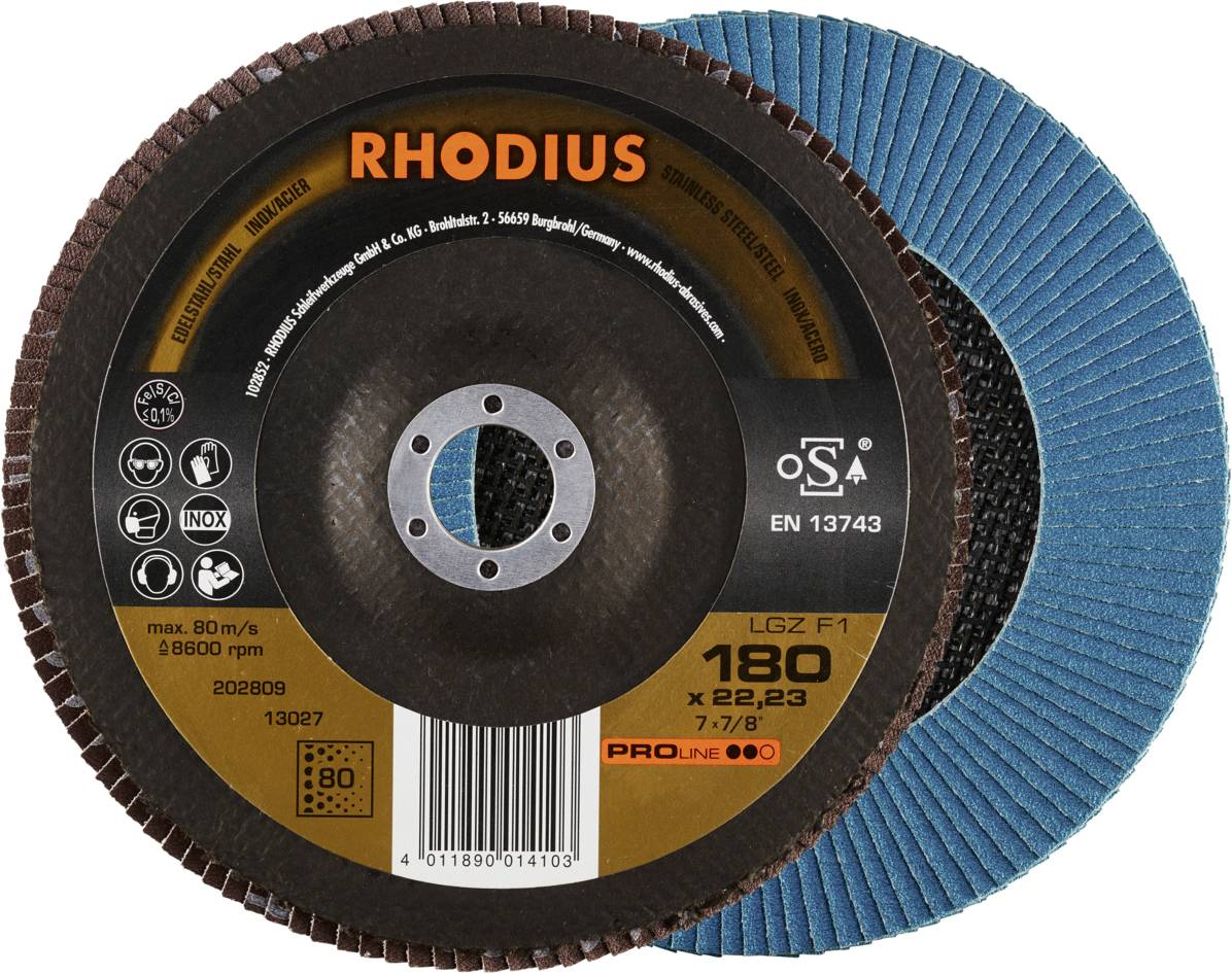 Prikaz RHODIUS brusilne plošče s podatki: 180 x 22,23 mm, maks. 80 m/s, 8600 obr/min. Primerna za nerjavno jeklo (INOX). Certificirana po EN 13743.