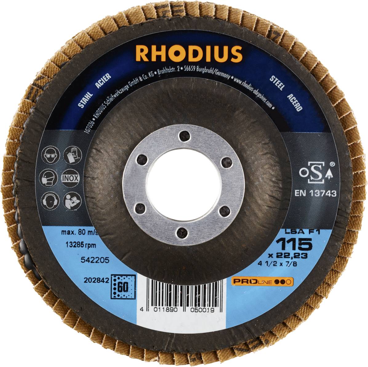 Lamelni disk z rjavimi lamelami, modro nalepko z blagovno znamko 'Rhodius', premer 115 mm. Primeren za nerjavno jeklo in jeklo.