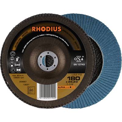Brusilni disk 'RHODIUS', modelna številka LSZ F2, premer 180 mm, za brušenje kovin, maksimalna hitrost 80 m/s.