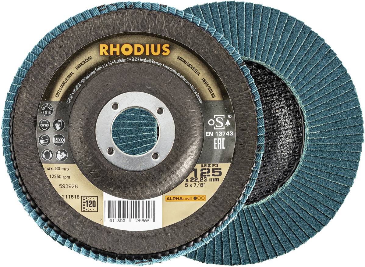 Brusilni disk znamke 'RHODIUS' z zrnatostjo 120, primeren za obdelavo kovin, skladen z ISO standardom, prikazuje sprednji in zadnji pogled.
