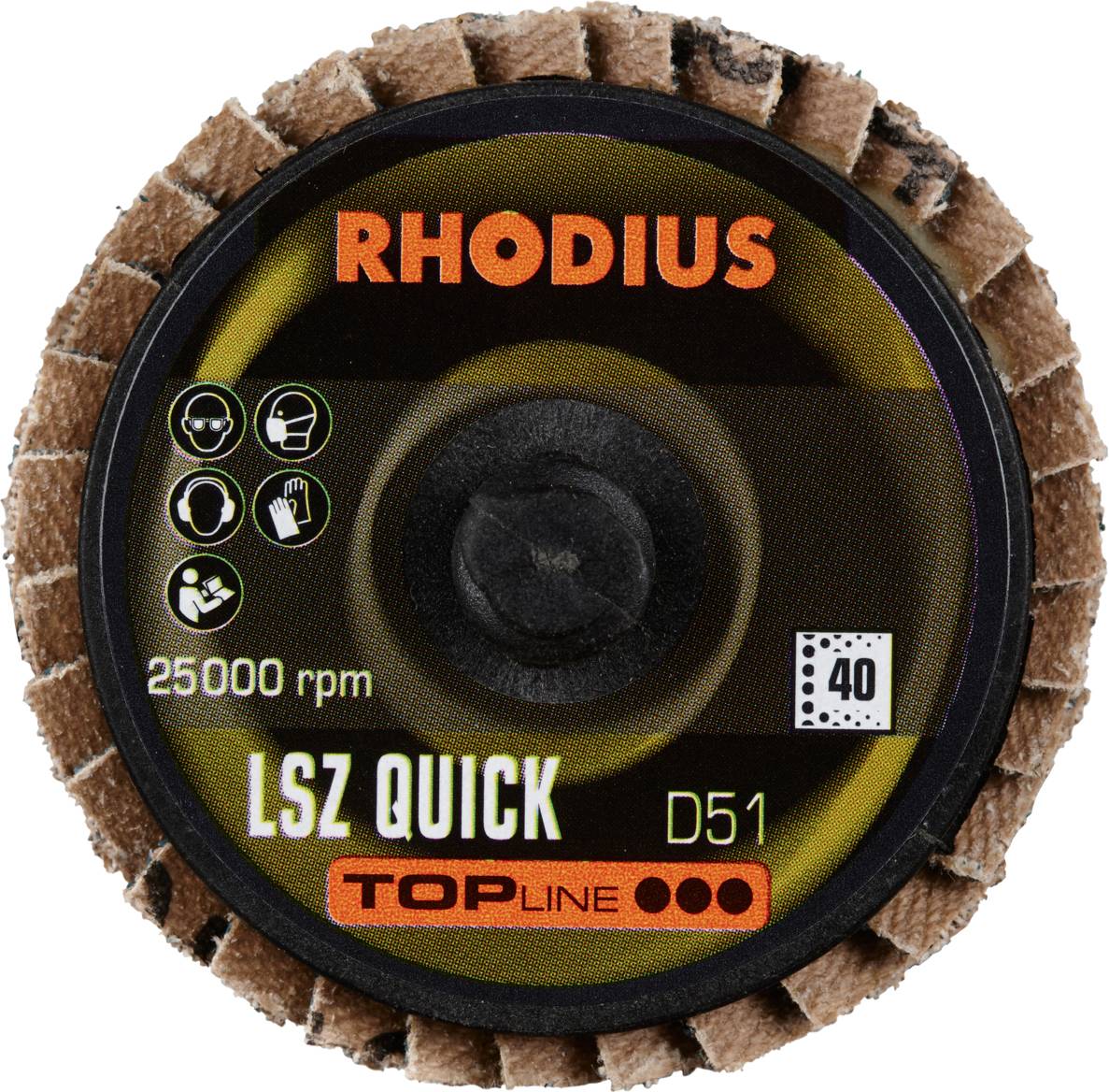 Brusilni disk Rhodius, model LSZ Quick D51, 25.000 obratov/min, granulacija 40. Primeren za uporabo z visoko hitrostjo.