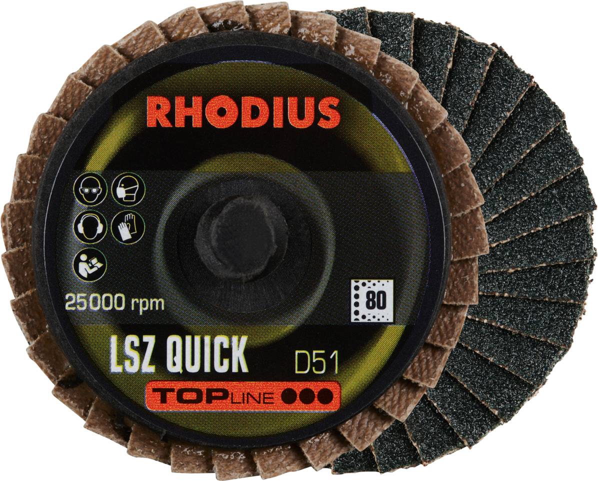 Brusilni disk z napisom 'RHODIUS LSZ QUICK D51', primeren za 25000 obratov/min, zrnatost 80, poudarja dolgotrajnost in zmogljivost.