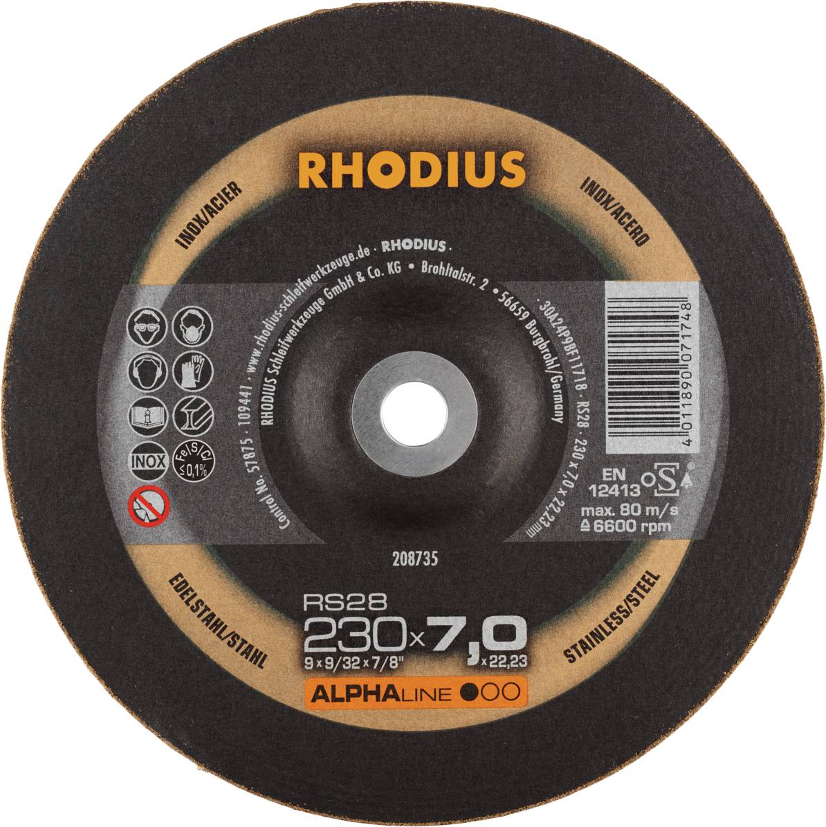 Brusilni disk z napisom 'RHODIUS', model RS28, premer 230 mm, debelina 7,0 mm. Primeren za nerjavno jeklo, maksimalna hitrost vrtenja 6600 obratov/min.