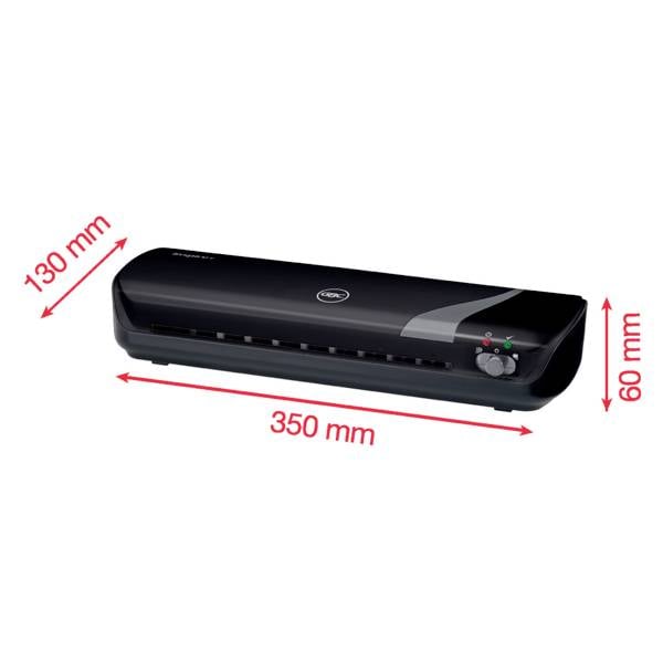 Črni laminator z dimenzijami 350 mm dolžine, 130 mm širine in 60 mm višine.