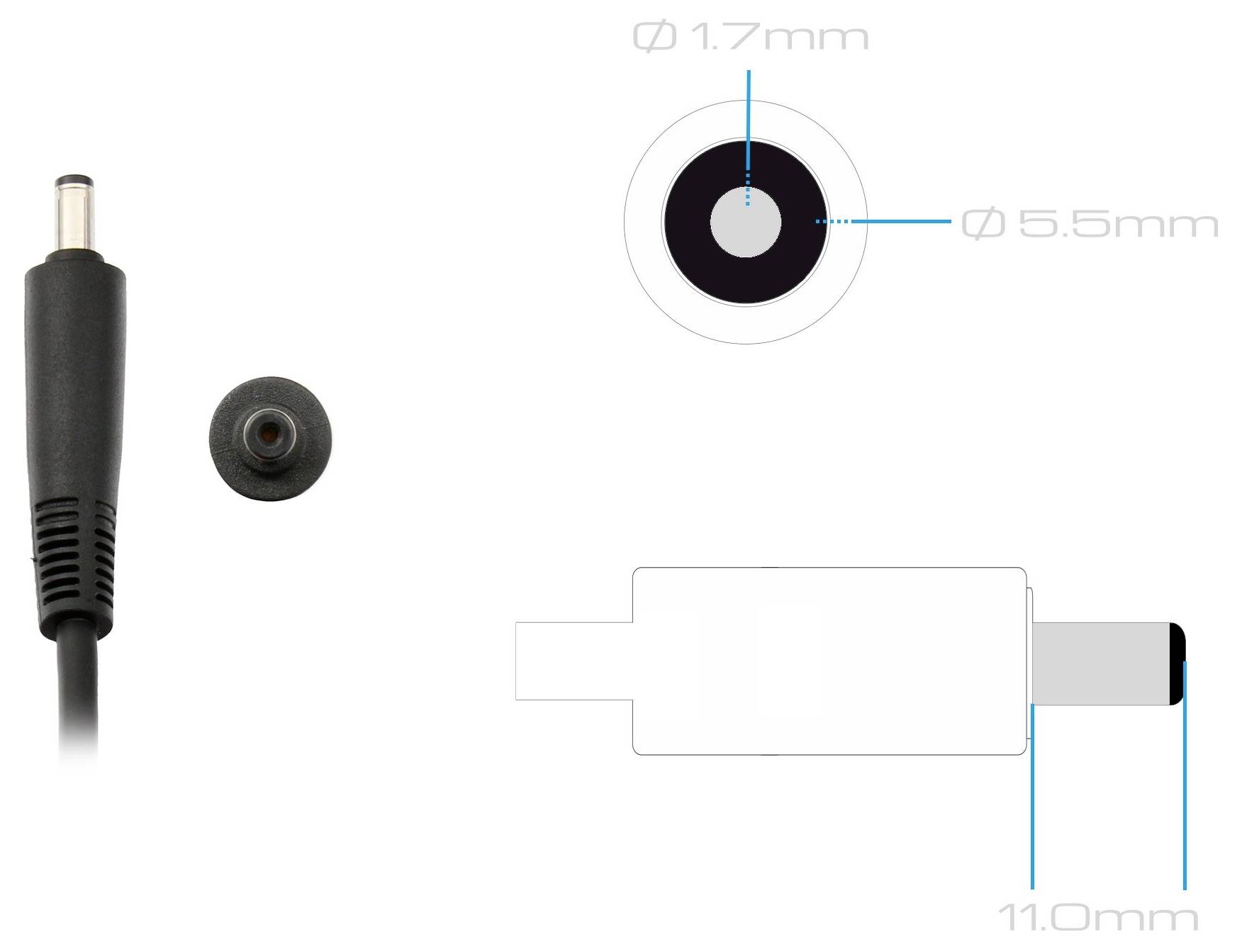 Mere vtičnika: notranji premer 1,7 mm, zunanji premer 5,5 mm.