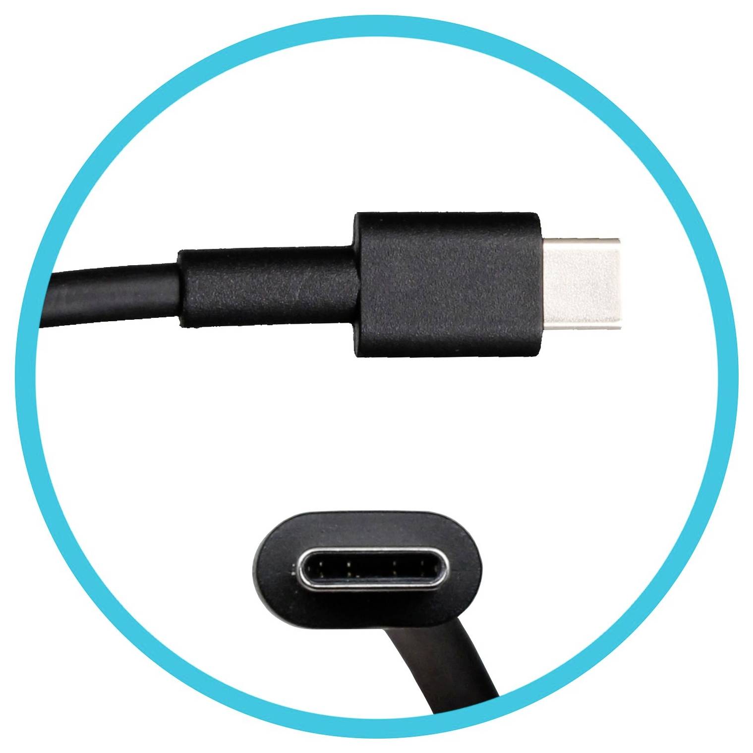 USB-C kabel s priključkom in vtičnico v ospredju, črn kabel. Oba konca prikazana v modrem krogu.