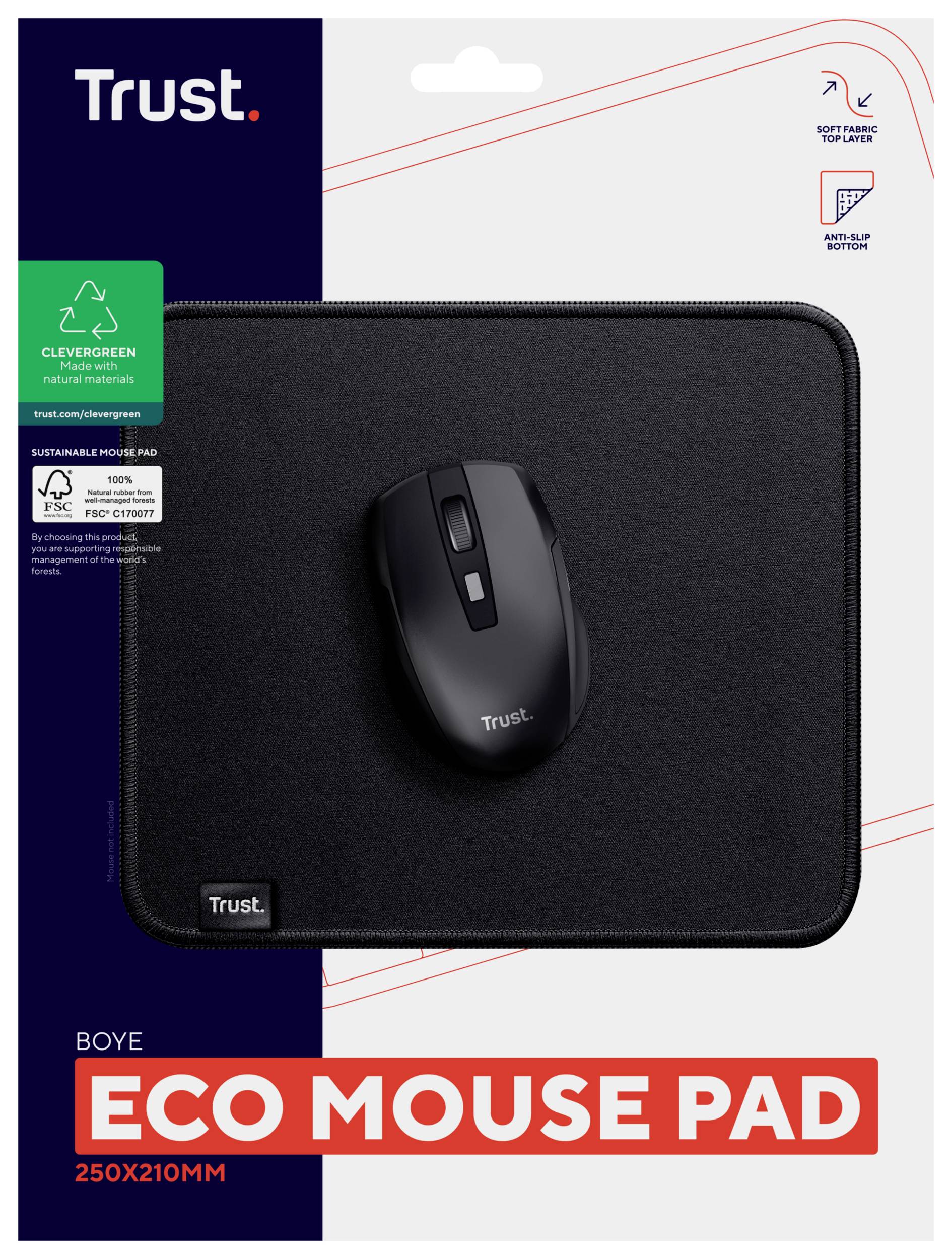 Embalaža črne EKO miške podloge znamke 'Trust', trajnostno proizvedene, dimenzije: 250x210 mm.
