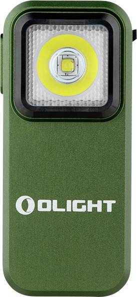 Zelena Olight ročna svetilka pravokotne oblike z vgrajeno LED-lučjo na sredini, primerna za aktivnosti na prostem.