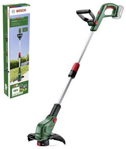 Zeleni Bosch akumulatorski trimer za travo s teleskopsko palico in ergonomskim ročajem, prikazan poleg svoje embalaže. Idealen za urejanje vrta.