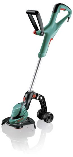 Zelen in črn električni kosilni rob z ergonomskim ročajem in kolesi za enostavno upravljanje.
