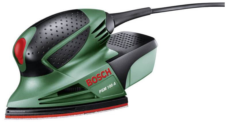 Zelen Boschev vibracijski brusilnik PSM 100 A z črnim ročajem in rdečim logotipom, kompakten in z žico, idealen za lesna dela.