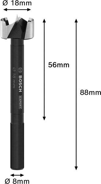 Forstnerjev svedrov Bosch. Skupna dolžina 88 mm, premer rezila 18 mm, premer drška 8 mm. Dolžina vrtanja 56 mm.