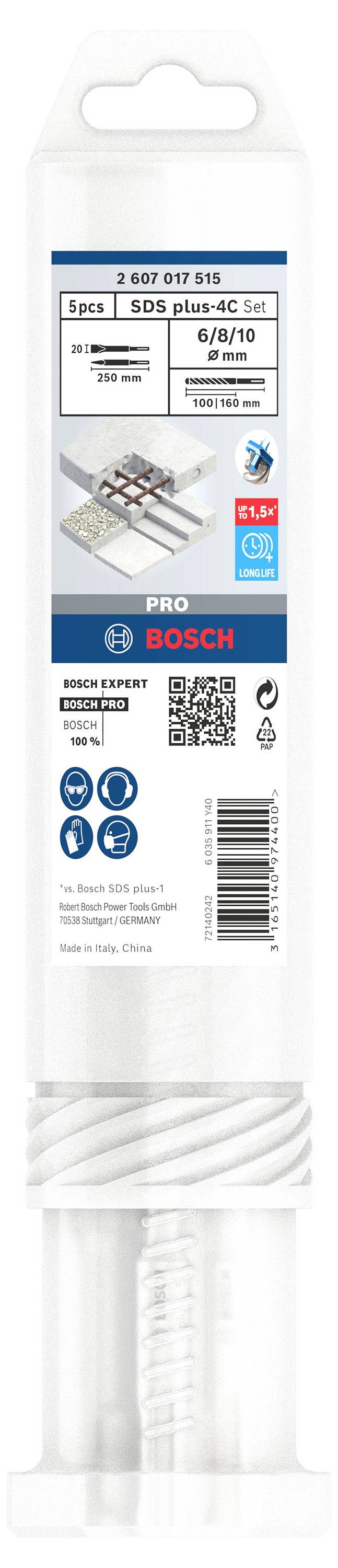 Embalaža kompleta svedrov Bosch SDS plus-5X s štirimi svedri (premer 6, 8, 10 mm) za beton, armirani beton in zidovje.