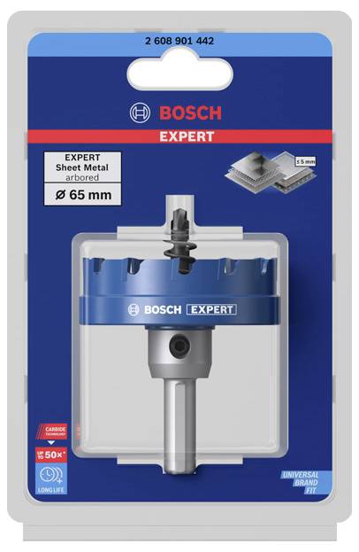 Embalaža z modro Bosch Expert žago za luknje, Ø 65 mm za pločevino, na sivi kartici. Besedilo na embalaži 'EXPERT Sheet Metal arbored'.