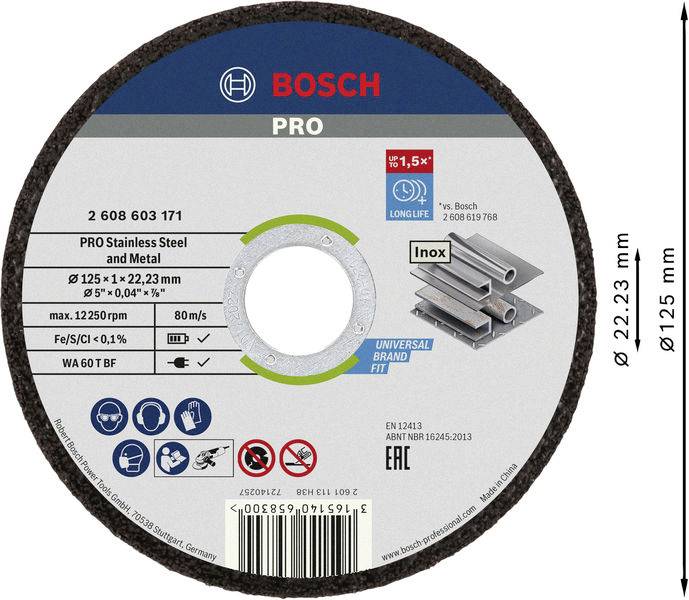 Boscheva brusilna plošča, premer 125 mm, debelina 1 mm, za nerjavno jeklo in kovino, prikazuje simbole varnosti in združljivosti.