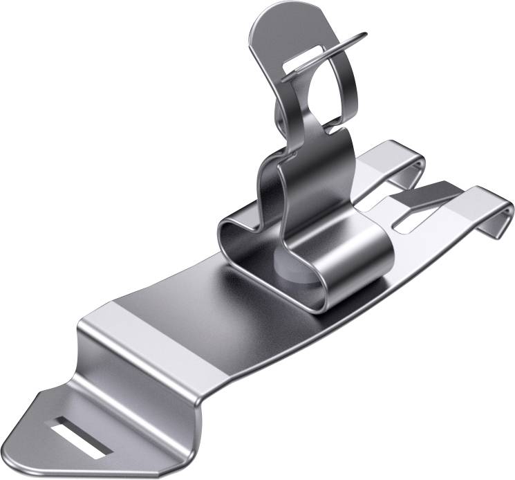 Kovinska sponka iz nerjavečega jekla z zakrivljenim dizajnom, primerna za pritrjevanje materialov. Visoko sijoča površina, robustna in vzdržljiva.