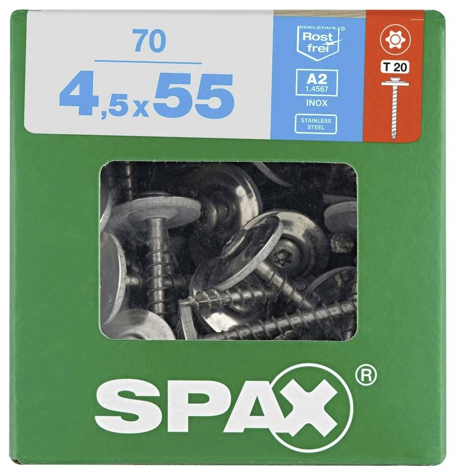 Zelena škatla z logotipom 'SPAX', vsebuje 70 nerjavnih vijakov, velikost 4,5 x 55 mm, T20 Torx pogon.