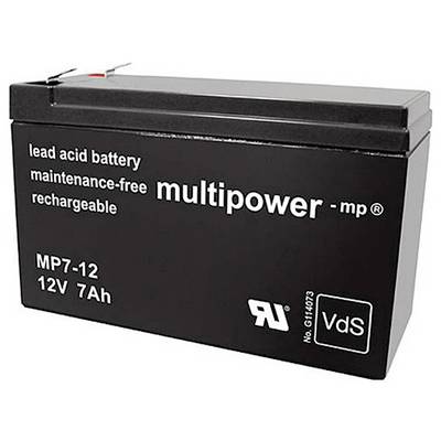 Črna, ponovno polnljiva svinčeno-kisinska baterija znamke Multipower, MP7-12, 12V, 7Ah, brez vzdrževanja, s certifikati varnosti.