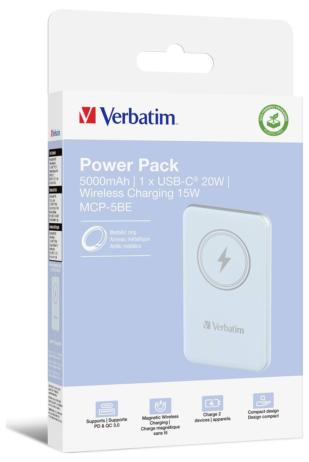 Verbatim Power Pack, 5000mAh: 1x USB-C 20W, brezžično polnjenje 15W. Magnetni obroč za naprave, združljive s Qi. Model MCP-5BE.