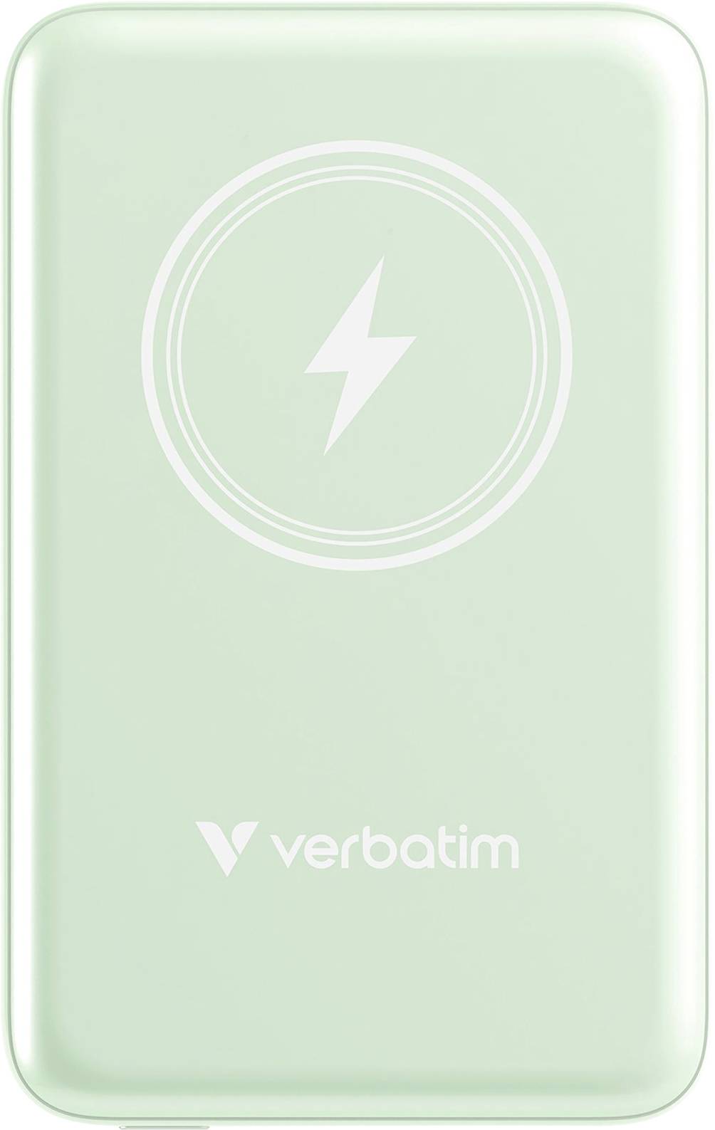 Mint zelena prenosna polnilna baterija z bliskavico na vrhu in logotipom 'Verbatim' spodaj.