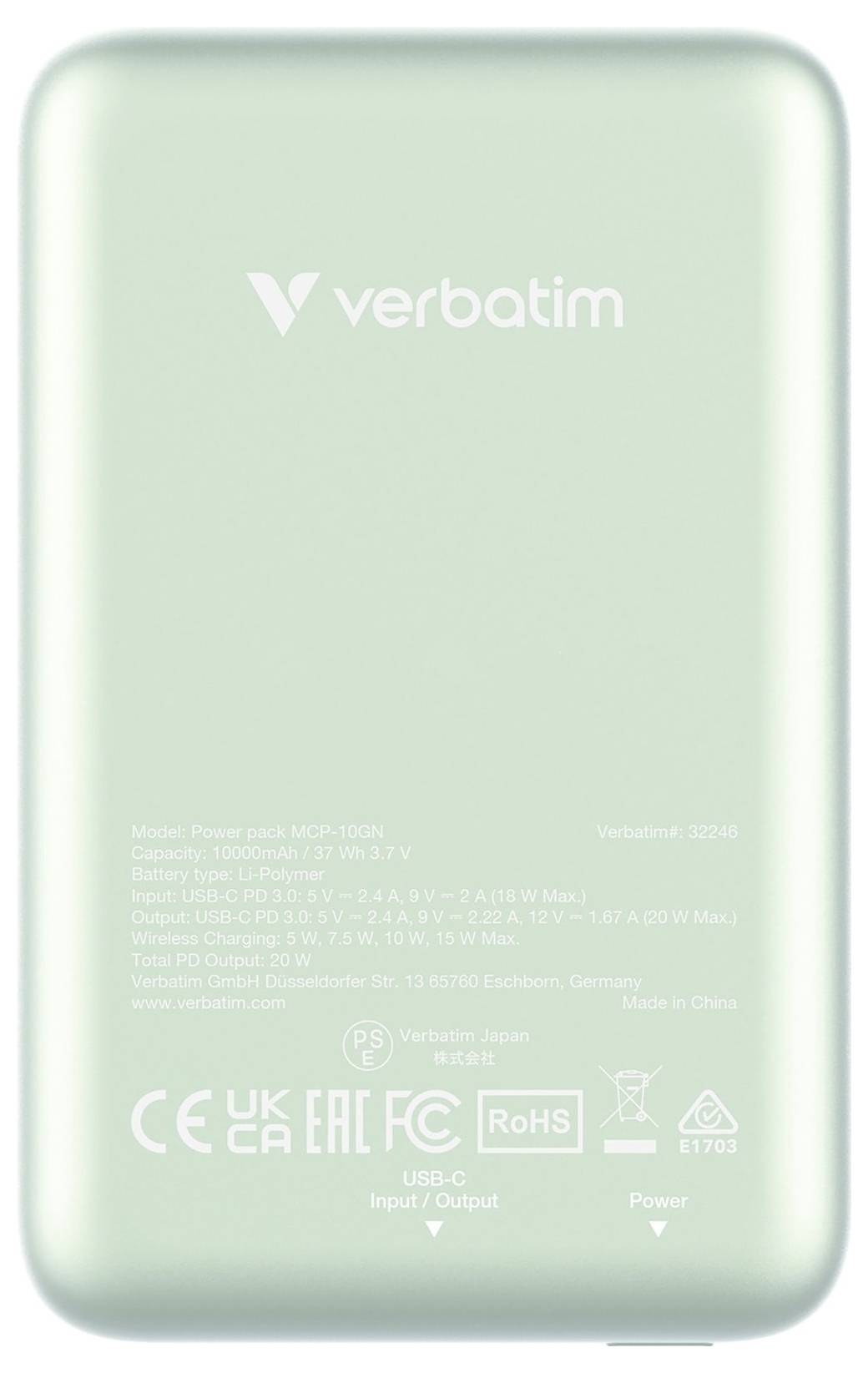 Hrbtna stran Verbatim powerbanke s tehničnimi specifikacijami in certifikacijskimi logotipi kot so CE, UKCA in FCC.