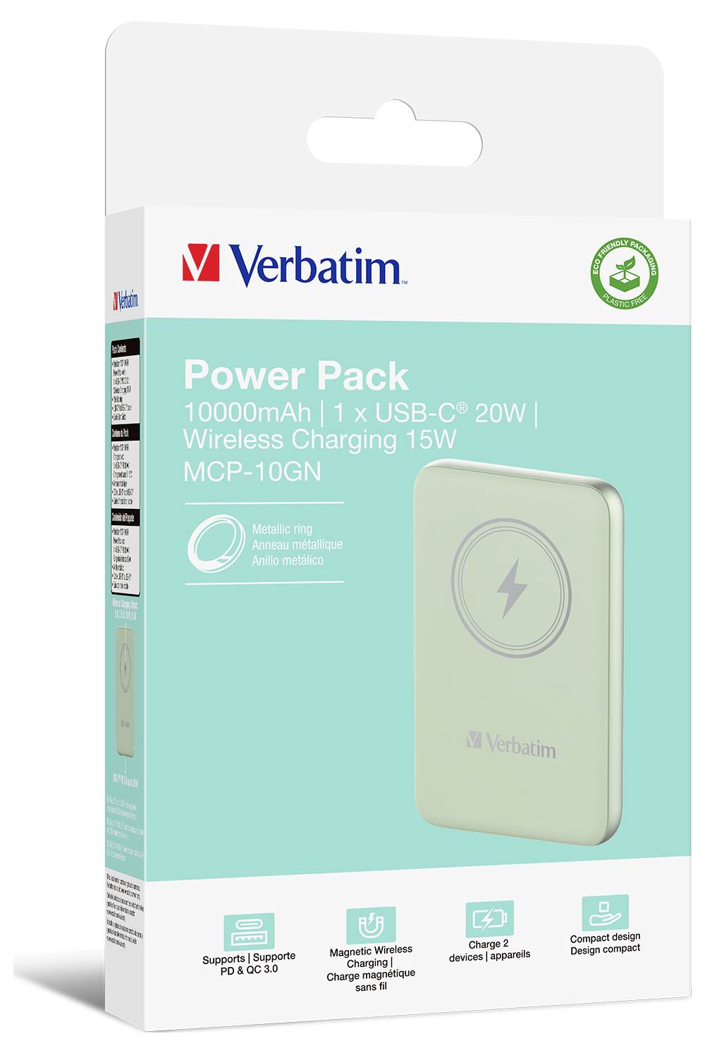 Embalaža prenosne Verbatim Power Pack baterije z 10000mAh, USB-C izhodom in brezžičnim polnjenjem, model MCP-10GN.