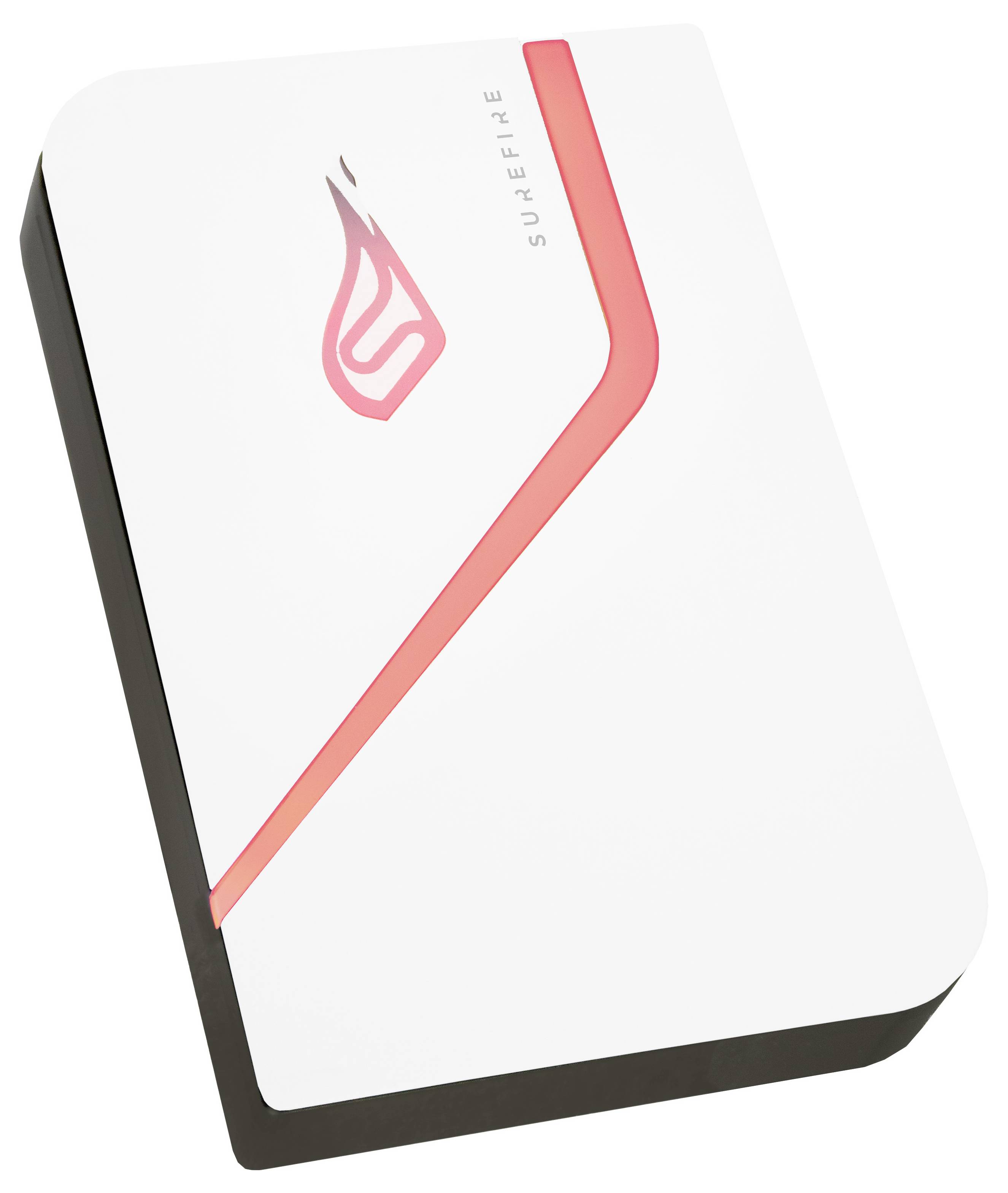 Zunanji ohišje za trdi disk v beli barvi s črnim robom in rdečim logotipom. Blagovna znamka 'SUREFIRE' na strani.