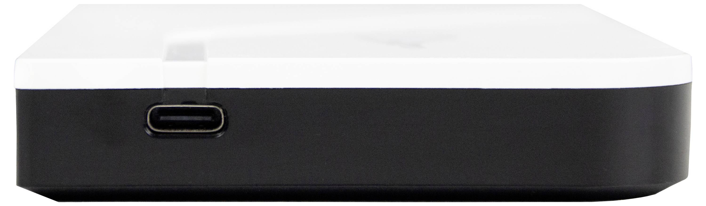 Zunanja trda disk z USB-C priključkom, črno ohišje z belo zaščitno plastjo.