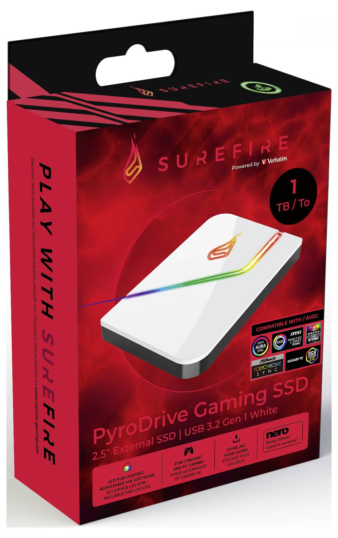 Embalaža SureFire PyroDrive Gaming SSD, 1 TB, združljiva z računalnikom in konzolo. Bel zunanji 2,5-palčni SSD pogon.