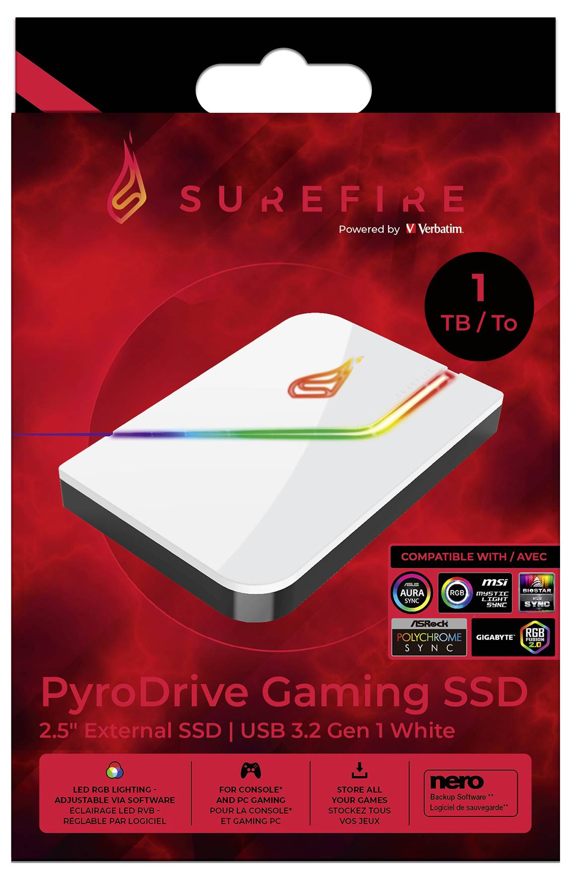'PyroDrive Gaming SSD' embalaža, 1 TB, USB 3.2 Gen 1, bela. Združljiva z različnimi sistemi. Omenjena LED-RGB osvetlitev.
