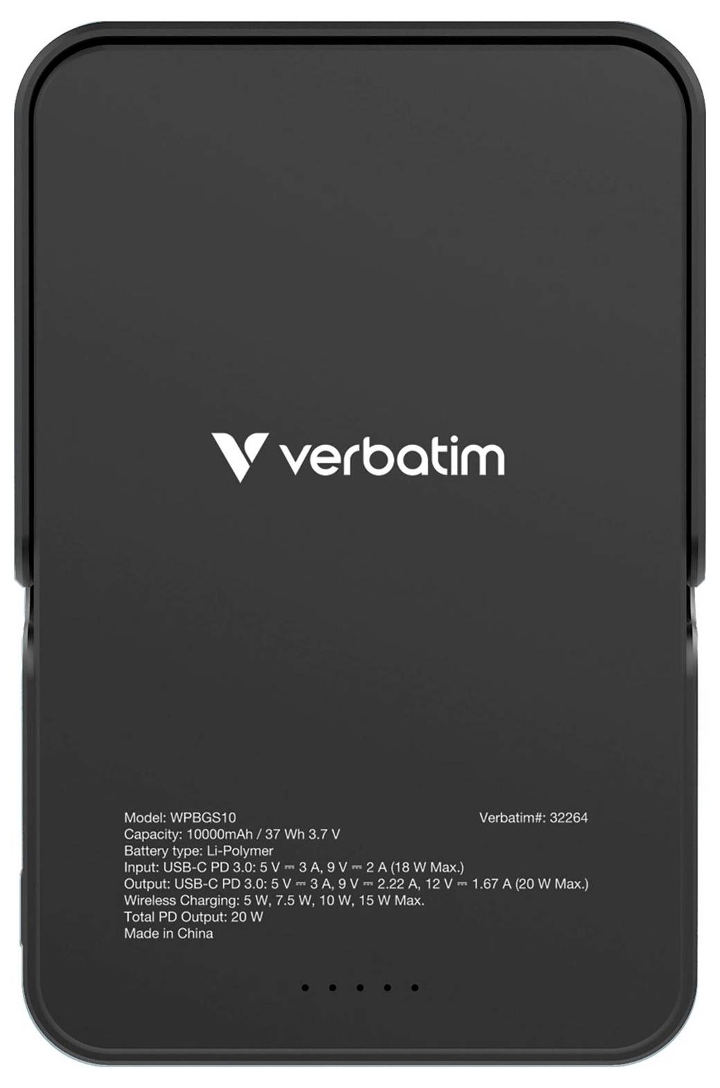 Prenosna PowerBank baterija znamke Verbatim s kapaciteto 10000mAh in brezžično polnilno funkcijo Qi. Vsebuje podatke o modelu in zmogljivosti.