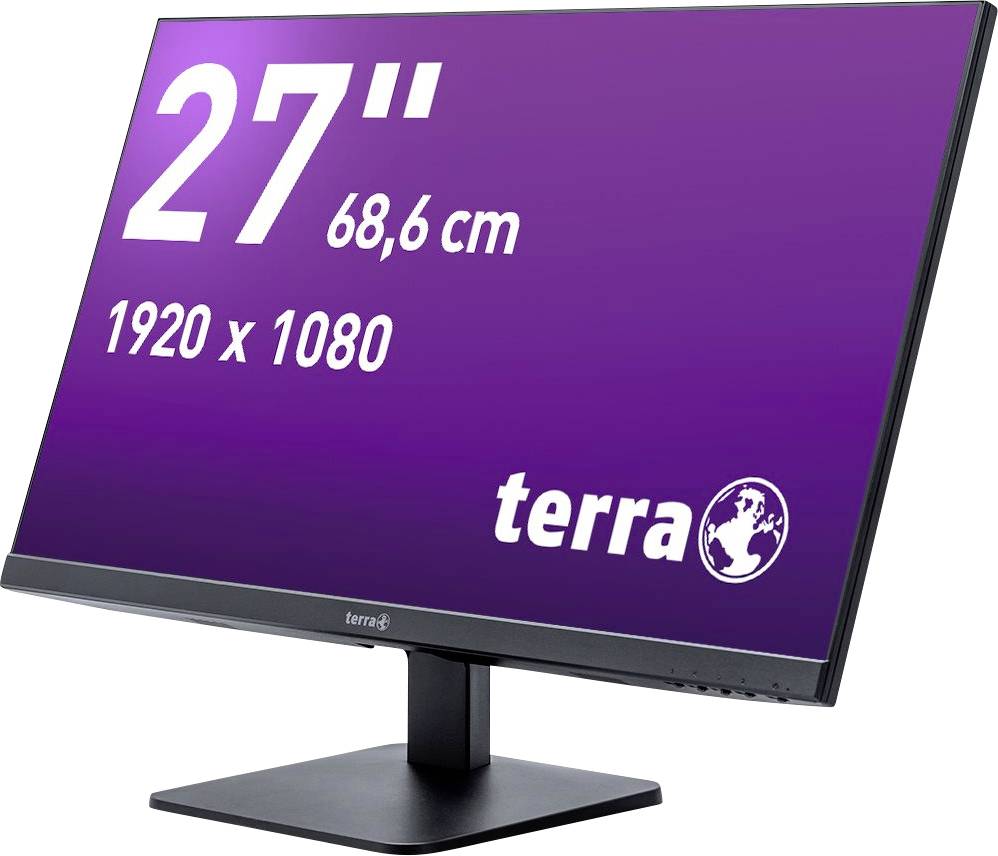 27-palčni monitor z 68,6 cm velikostjo diagonale, ločljivostjo 1920 x 1080 pikslov, vijolično ozadje z logotipom 'terra' spodaj desno.