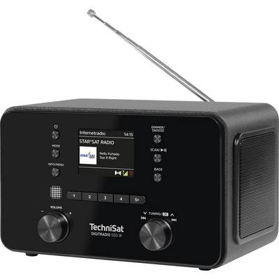 Črn digitalni radio z zaslonom prikazuje glasbeni naslov, regulator glasnosti, tipke za uglaševanje in načine, zložljiva antena zgoraj.