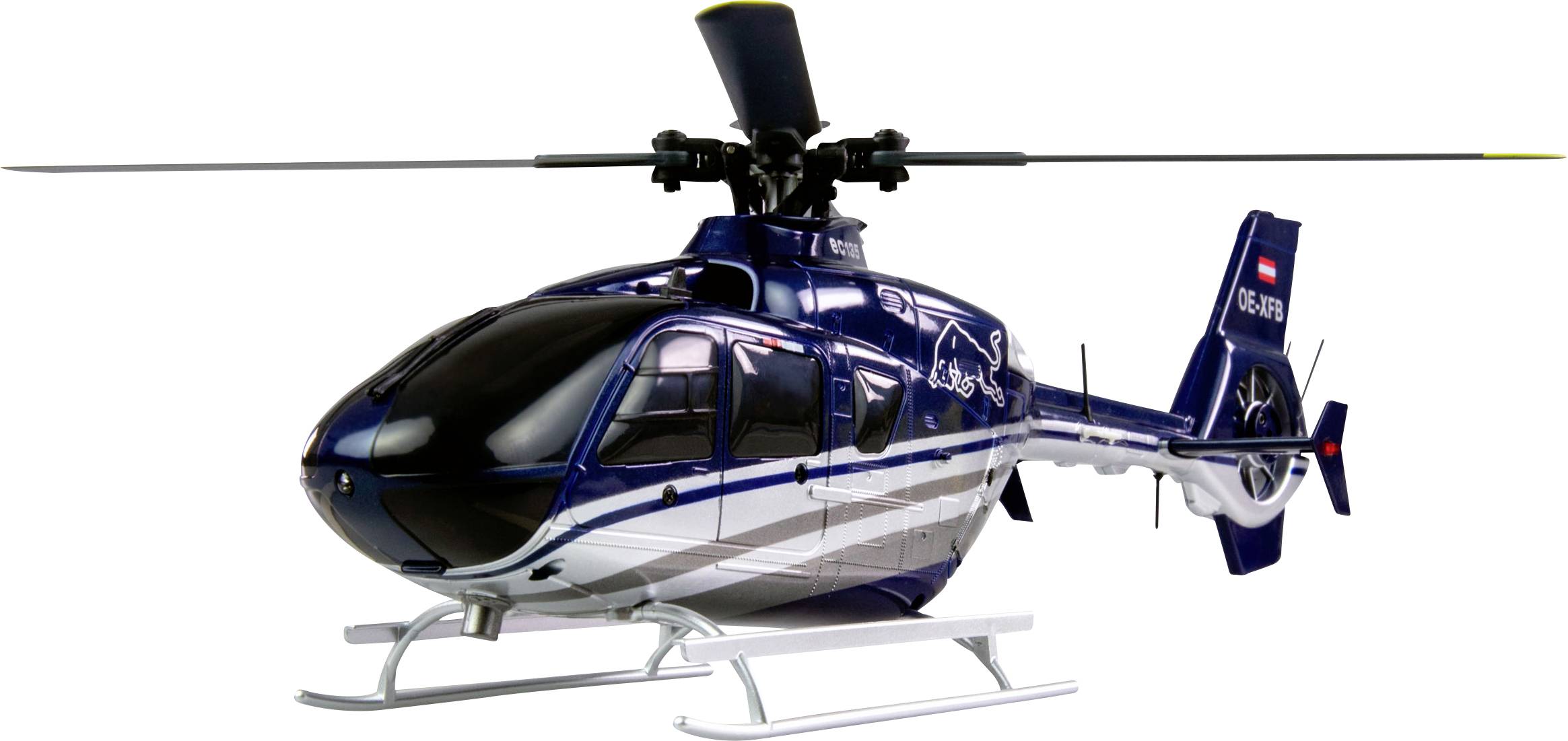 Moder helikopter z belimi črtami in logotipom na strani leti v zraku.
