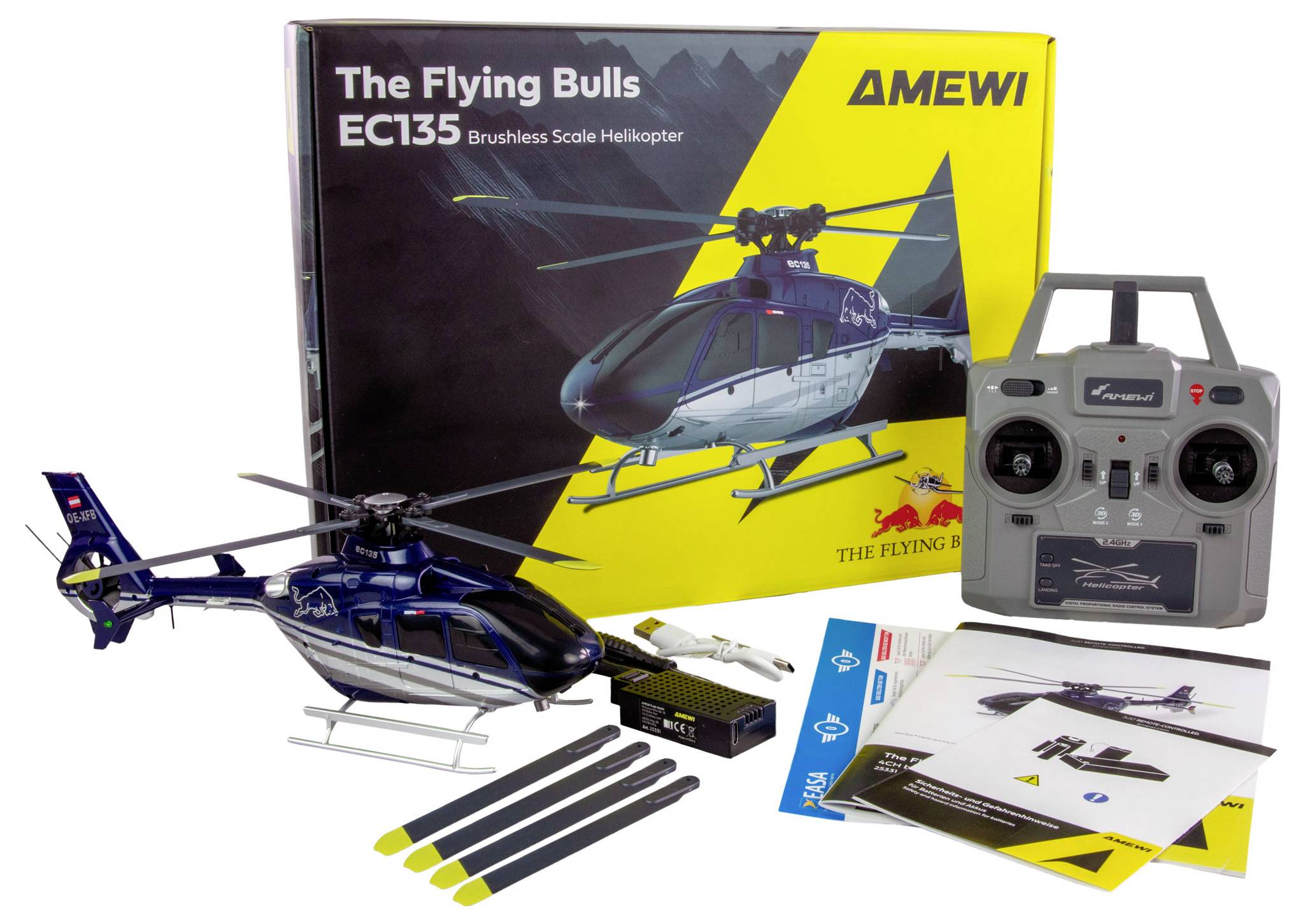 Let me translate this from German to Slovenian:<br><br>"Komplet RC helikopterja 'The Flying Bulls EC135' z daljinskim upravljalnikom in dodatno opremo. Embalaža prikazuje ilustracijo helikopterja."