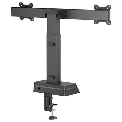 Stojalo za dvojni monitor z nastavljivi rokani, opremljeno s pritisnim podnožjem za varno pritrditev na mizo. Zasnovano za ergonomsko ureditev.