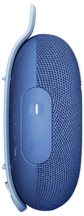 Prenosljiv moder bluetooth zvočnik z stranskimi kontrolnimi tipkami in strukturirano površino.
