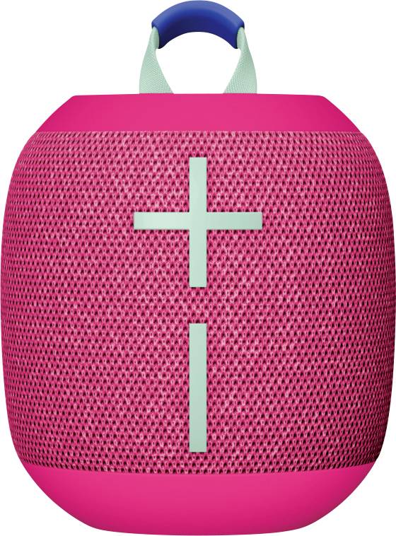 Kompakten roza Bluetooth zvočnik z modrimi tipkami za glasnost na sprednji strani. Zgoraj je ročaj za prenašanje.
