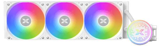 Bela tekočinska hlajenje s tremi RGB ventilatorji. Na desni strani je okrogla črpalka z osvetljenim logotipom.