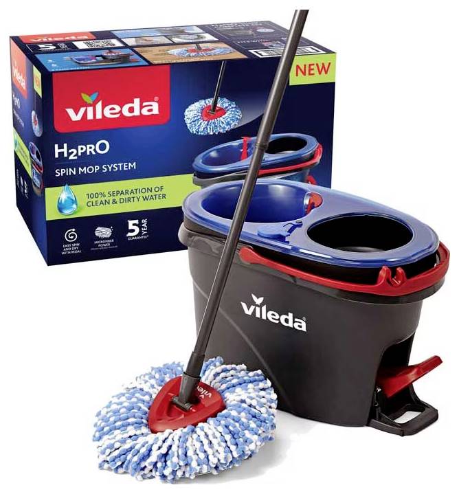 'Vileda H2Pro' sistema čistilne metlice in vedra z funkcijo centrifugiranja. Škatla prikazuje fotografijo izdelka in poudarja predalčne razdelke vedra ter ločevanje čiste in umazane vode.