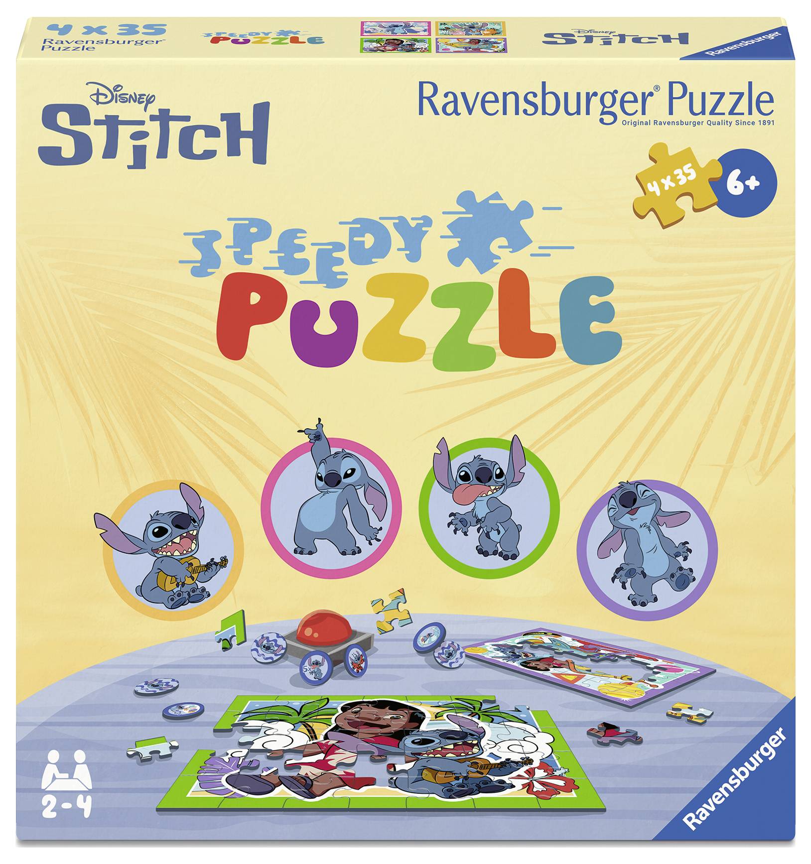 Embalaža sestavljanke Stitch podjetja Ravensburger za otroke, starejše od 6 let. Vsebuje štiri sestavljanke s po 35 deli. Glavna tema: Stitch.